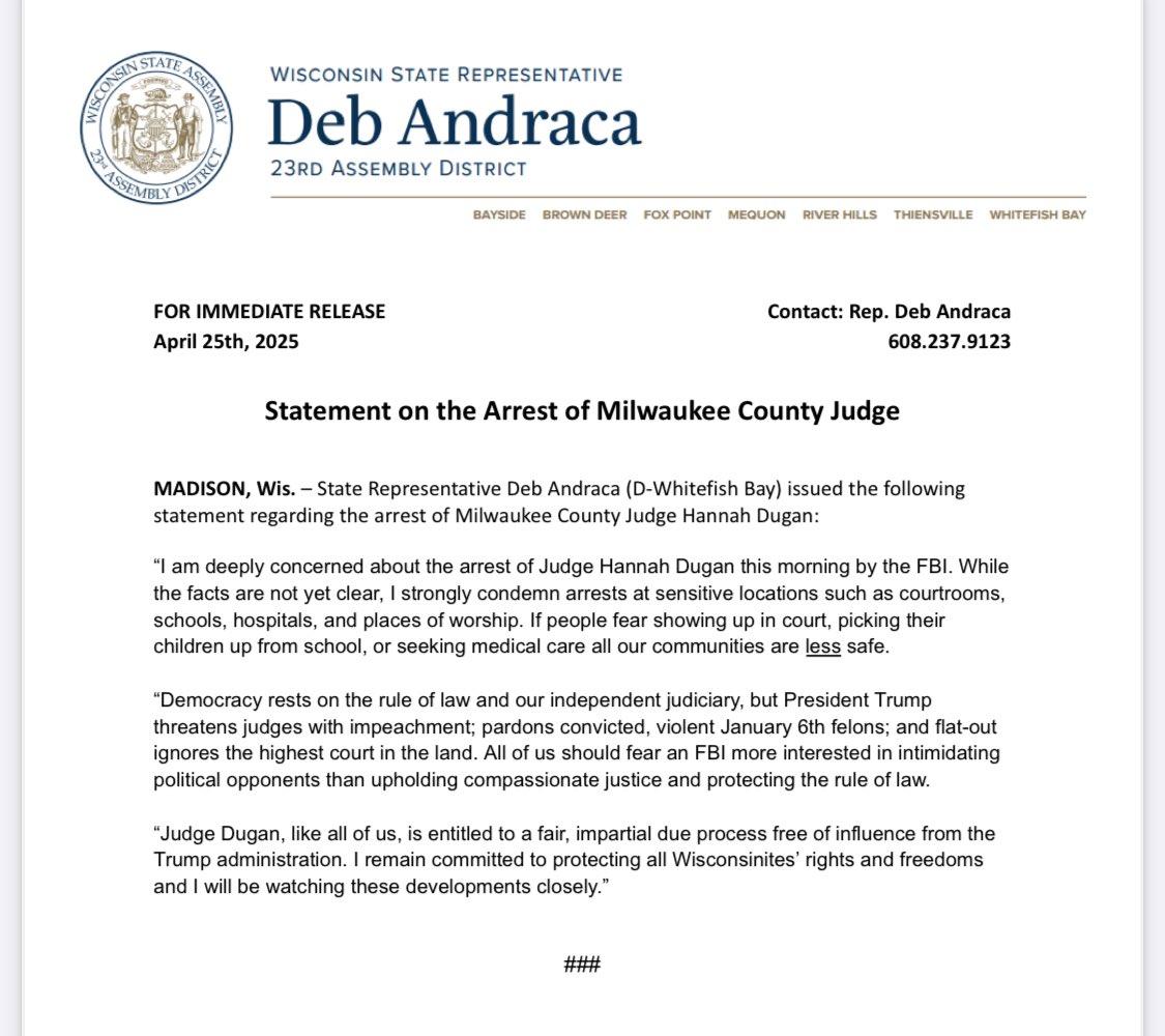 My statement on the arrest of Milwaukee Judge Hannah Dugan: 

legis.wisconsin.gov/assembly/23/an…
