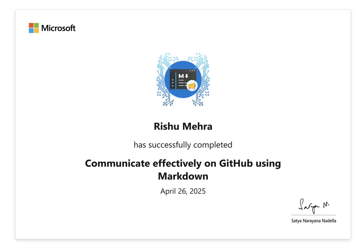 Rishu Mehra (@rishutechwriter) on Twitter photo Today I earned my **Communicate effectively on <a href="/GitHub/">GitHub</a> using #Markdown** badge! I’m so proud to celebrate this achievement and hope this inspires you to start your <a href="/MicrosoftLearn/">Microsoft Learn</a> journey!
learn.microsoft.com/api/achievemen…
#MSLearnBadge <a href="/satyanadella/">Satya Nadella</a> <a href="/microsoft/">Microsoft</a> Today I earned my **Communicate effectively on <a href="/GitHub/">GitHub</a> using #Markdown** badge! I’m so proud to celebrate this achievement and hope this inspires you to start your <a href="/MicrosoftLearn/">Microsoft Learn</a> journey!
learn.microsoft.com/api/achievemen…
#MSLearnBadge <a href="/satyanadella/">Satya Nadella</a> <a href="/microsoft/">Microsoft</a>