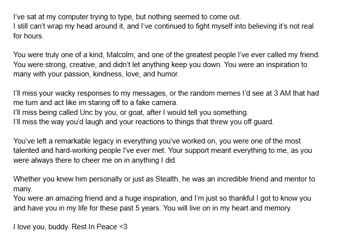 ShadowGamingVA's tweet photo. In loving memory of my friend Malcolm Collins. 
Or as many as you knew him, Stealth

Please give your support and love to his family and friends during these times. 

And please read the official ValorStudio statements
https://t.co/UraH1iTKMt https://t.co/LeiYcWq3Pa