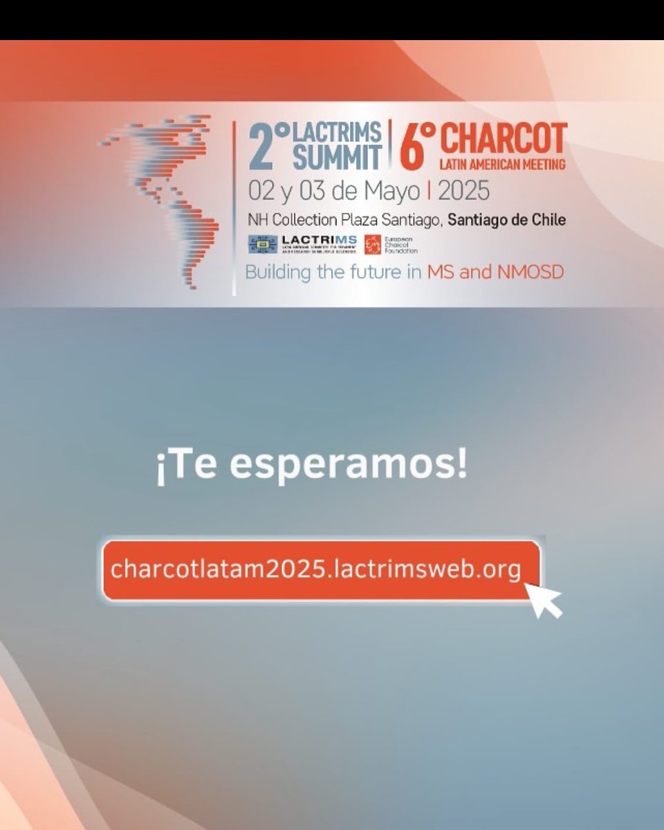 ¡Santiago será el epicentro de la Neuroinmunología en 2025!
Te invitamos al LACTRIMS 2025 del 3 al 6 de septiembre.
Avances, ciencia, innovación y networking en el mayor encuentro de EM de Latinoamérica.

¡No te lo pierdas!

charcotlatam2025.lactrimsweb.org

#LACTRIMS2025 #Neurología
