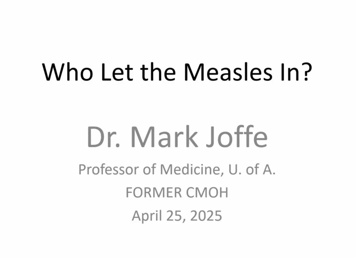 Ho-ly…

In a video posted to YouTube, former Alberta CMOH Dr Mark Joffe did an hour long Grand Round presentation followed by a Q&amp;A.

It is a masterclass in what measles is and what Alberta should be doing.

Thread!

#abpoli #ableg #cdnpoli #abmed 

/1