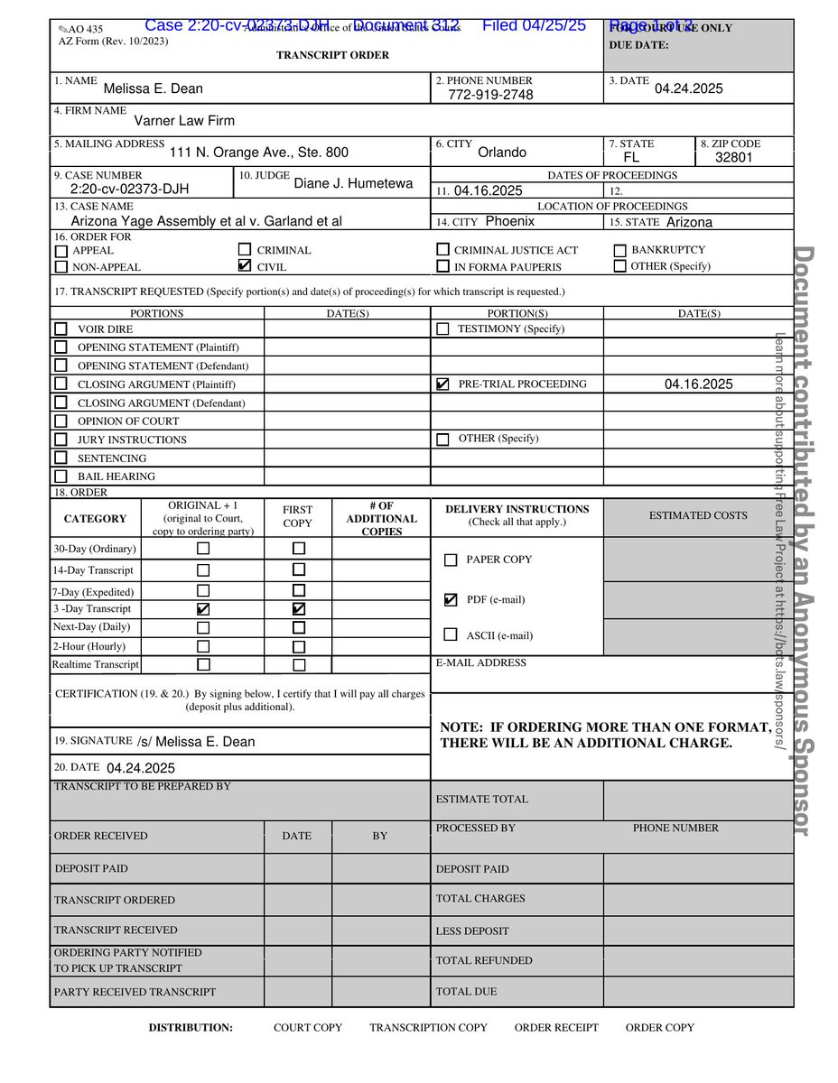 psy_cases's tweet image. New filing: &quot;Arizona Yage Assembly v. A.G. (Religious freedom - sacrament seizure)&quot;
Doc #312: Transcript Request

PDF: courtlistener.com/docket/1872389…

#CL18723894