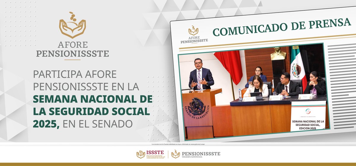 PENSIONISSSTE_'s tweet photo. #ComunicadoDePrensa 📰

Estos son los puntos más importantes que se abordaron en la Semana Nacional de la Seguridad Social 2025, diseñados para fortalecer tu bienestar financiero. 

Descúbrelos aquí 👉👉https://t.co/Js4nrJlSFH https://t.co/d26tFinbyP