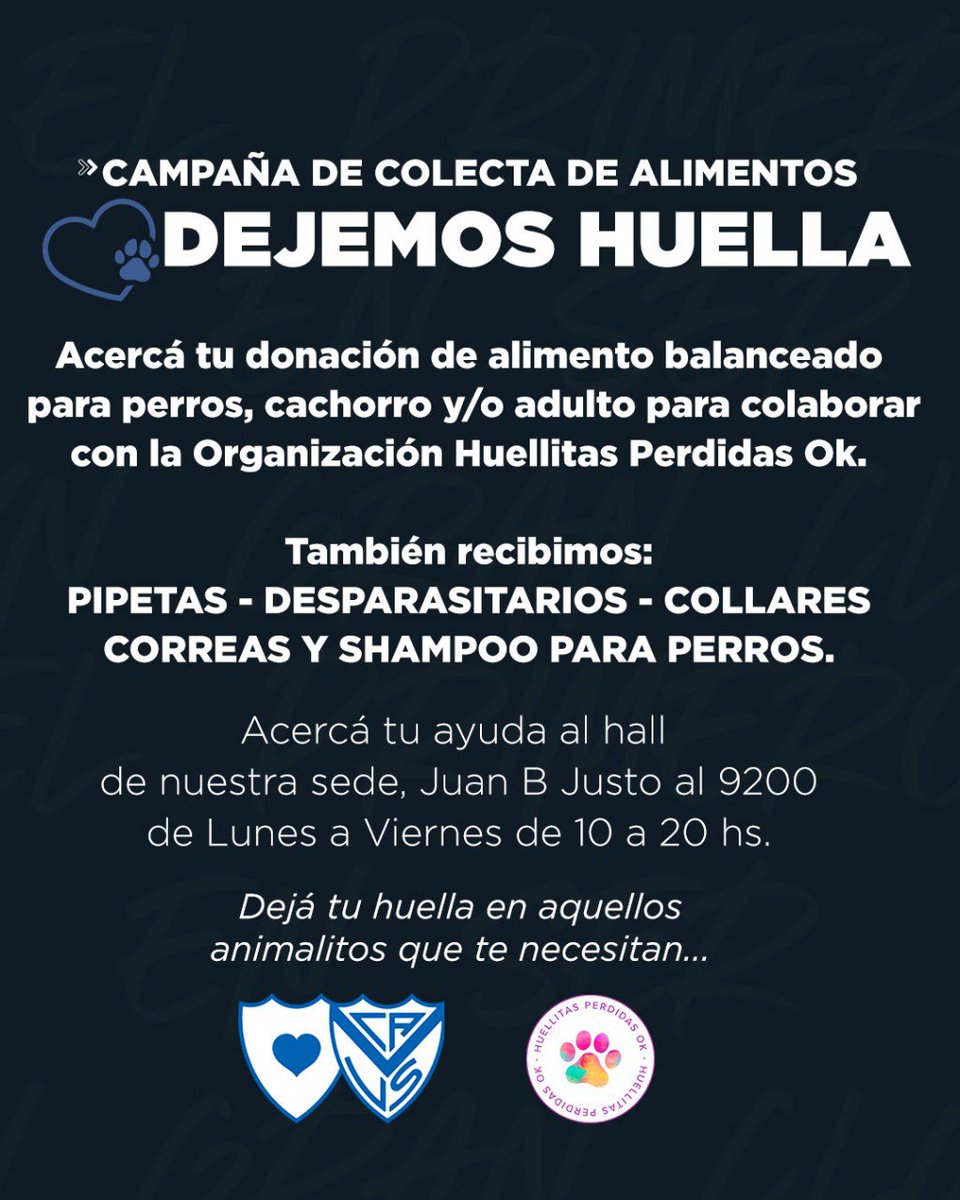 🐾¡Sumate a la campaña “Dejemos Huella”!
Estamos recibiendo donaciones de alimento balanceado para perros para ayudar a cientos de animales rescatados.

#Velez 
#VelezSocial