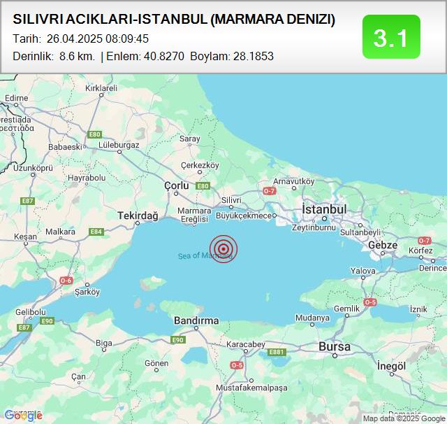 SILIVRI ACIKLARI-ISTANBUL (MARMARA DENIZI)
Büyüklük: 3.1
Tarih:
 26.04.2025
Saat:
 08:09:45
Derinlik:
 8.6 km #deprem #MARMARADENIZI