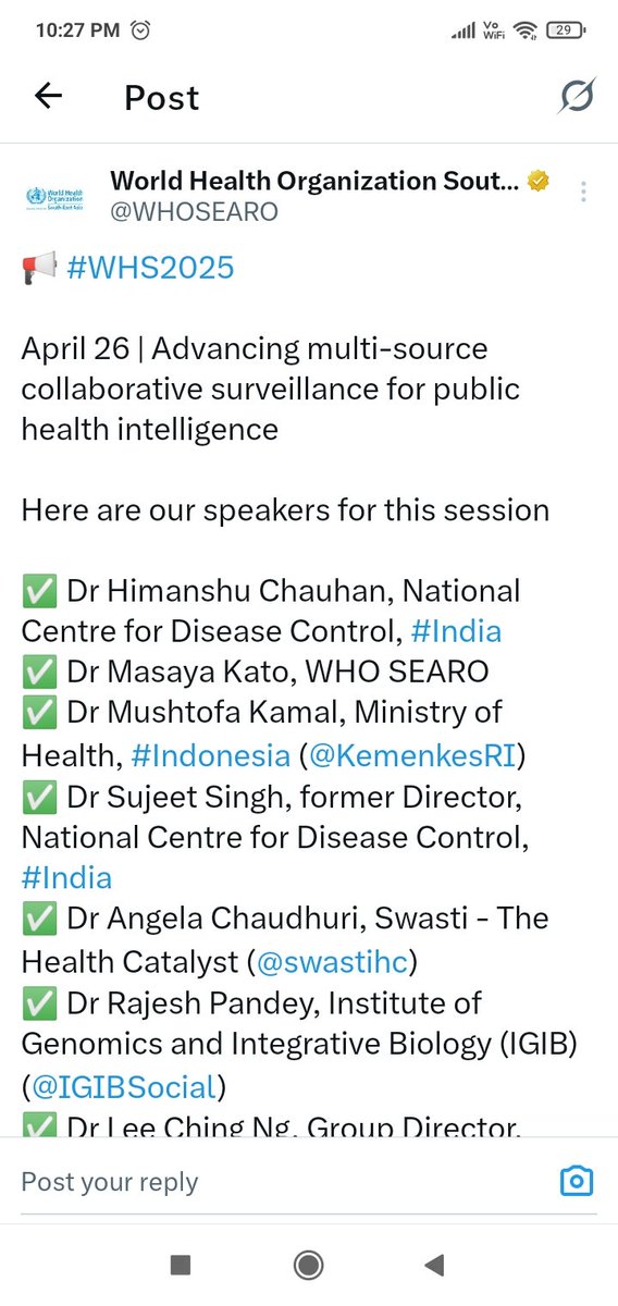 INtegrative GENomics of HOst-PathogEn Lab (@rajeshpandeylab) on Twitter photo Look forward to meeting excited minds and stimulating discussion at the Regional World Health Summit, Bharat Mandapam, today 26th April) evening, 5:00-6:30.
Let's work towards Strategic Smart Genomic Surveillance so that we r not caught napping when challenge arrives. <a href="/WHOSEARO/">World Health Organization South-East Asia</a> Look forward to meeting excited minds and stimulating discussion at the Regional World Health Summit, Bharat Mandapam, today 26th April) evening, 5:00-6:30.
Let's work towards Strategic Smart Genomic Surveillance so that we r not caught napping when challenge arrives. <a href="/WHOSEARO/">World Health Organization South-East Asia</a>