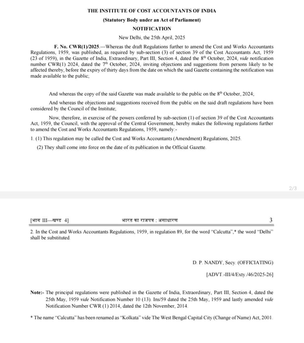 CMA ADARSH K P 🇮🇳 (@adarshcma) on Twitter photo Delighted to know that the notification for the relocation of the CMA head office from Calcutta to Delhi has been finally successfully issued.*
*This significant move is expected to enhance our coordination with all stakeholders, including the Government of India.*
<a href="/ICMAICMA/">The Institute of Cost Accountants of India</a> Delighted to know that the notification for the relocation of the CMA head office from Calcutta to Delhi has been finally successfully issued.*
*This significant move is expected to enhance our coordination with all stakeholders, including the Government of India.*
<a href="/ICMAICMA/">The Institute of Cost Accountants of India</a>