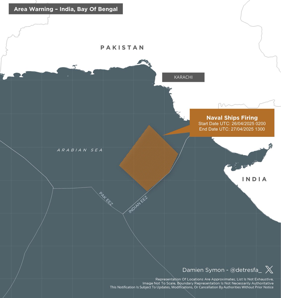 detresfa_'s tweet image. #AreaWarning #Pakistan issues a notification for firing by naval ships in the Arabian Sea Region south of Karachi 

Dates | 26-27 April 2025
