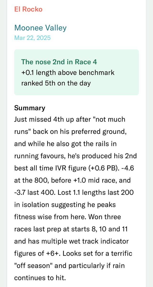 rtralphy's tweet photo. El Rocko is a duck 🦆
Our Sizzlers IVR write up from his previous Moonee Valley run two starts back
#mathsscience https://t.co/MNGx7u2WGb