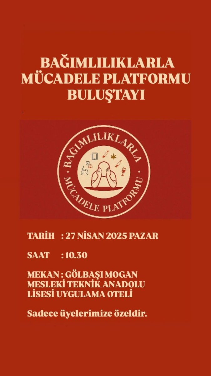 Bağımlılıklarla Mücadele Platformu olarak 27 Nisan 2025 Pazar Günü Saat 10.30'da Gölbaşı Mogan Mesleki Teknik Anadolu Lisesi Uygulama Oteli'nde Platform üyelerimizle bir arada olacağız. ++