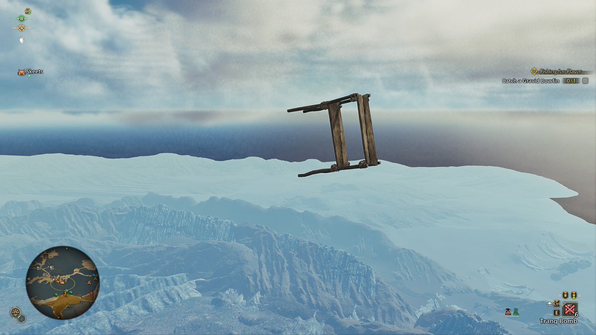 I forgot I had this. Decided to keep going as high as I can with Free Cam on Oilwell Basin and this shelf is just floating freely.

No reason, no purpose, just floating (: 
#MHWilds #MonsterHunterWilds #MonsterHunter