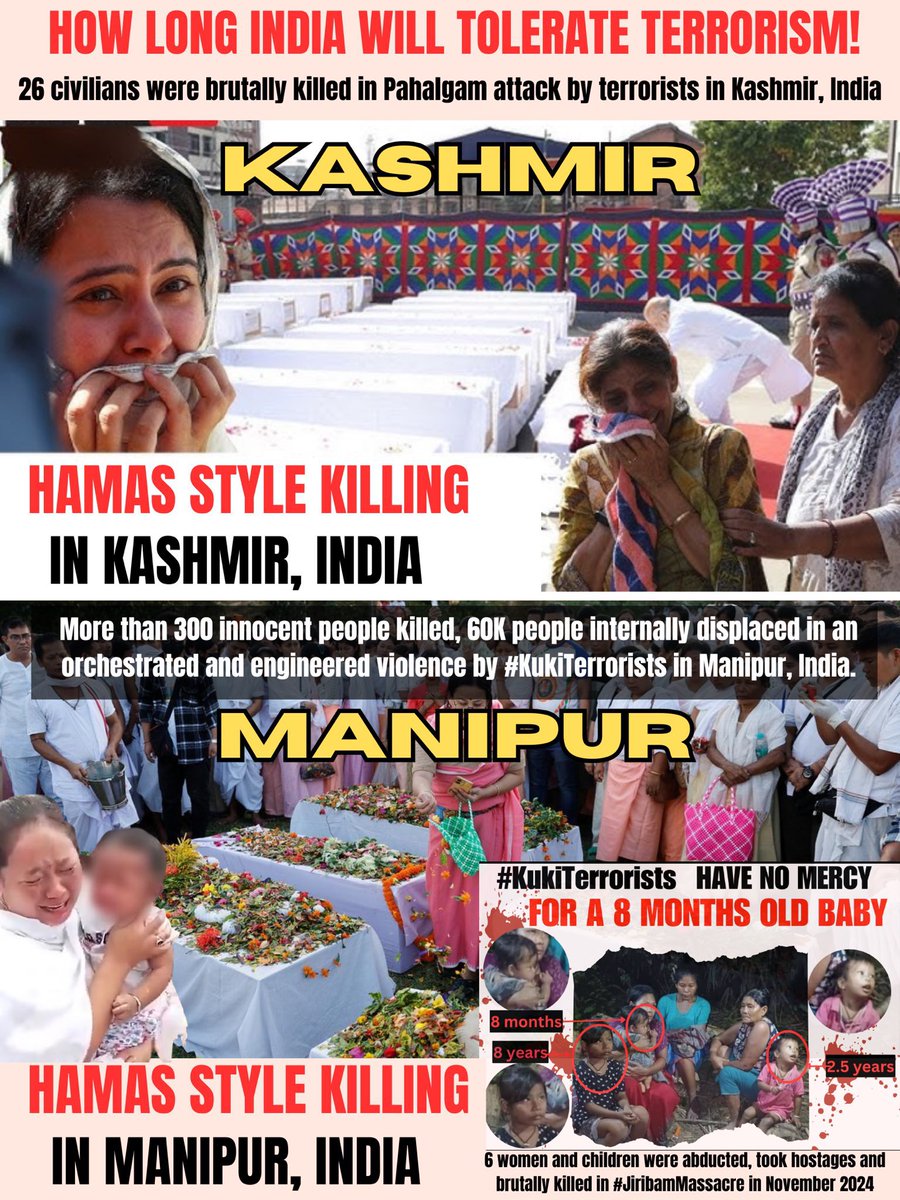 East11_'s tweet photo. #IndiaUnderAttack 
#PahalgamTerrorAttack 
#ManipurViolence 
#KukiTerrorists 
#kashmirterrorattack 
#SupremeCourtOfIndia 

Save Humanity https://t.co/4aOXFWcHO5