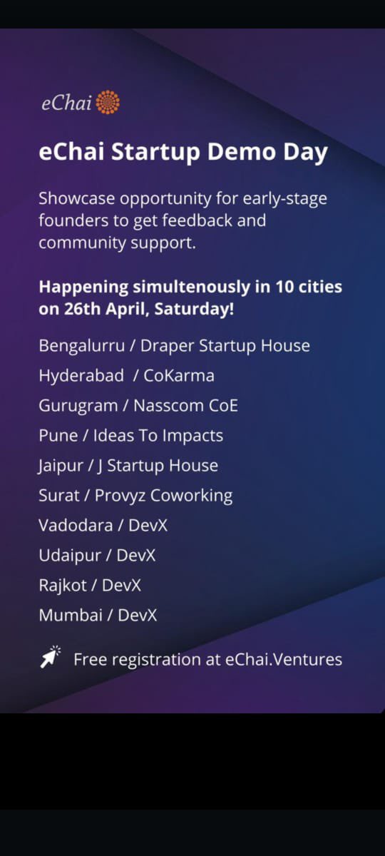 jatin10's tweet image. We’re bringing founders and startup folks together across 10 cities with key host partners today for the eChai Startup Demo Day.

free registration at eChai.Ventures