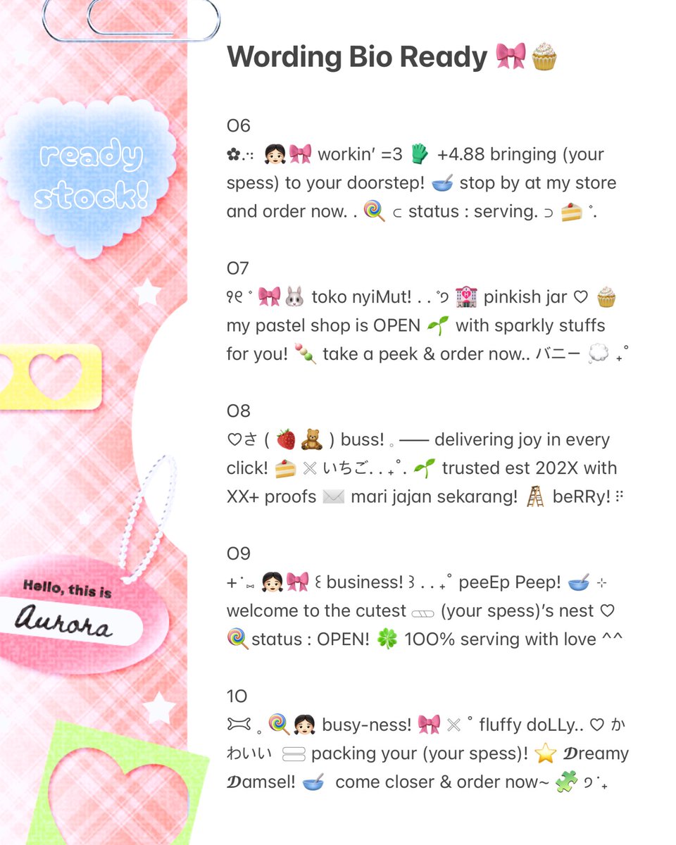 please help repost, thanks! 🍭

+ ࣪ ⑅ aurora restock lagi nih wording bio ready stock for BA~ 👧🏻🎀 ♡ yuk langsung bungkus dengan harga 3.5OO / each &amp; take 3 for only 1O.OOO 🥣 yuukk jajank..! 💭  ੭ ࣪ ₊

#zonauang biography rs