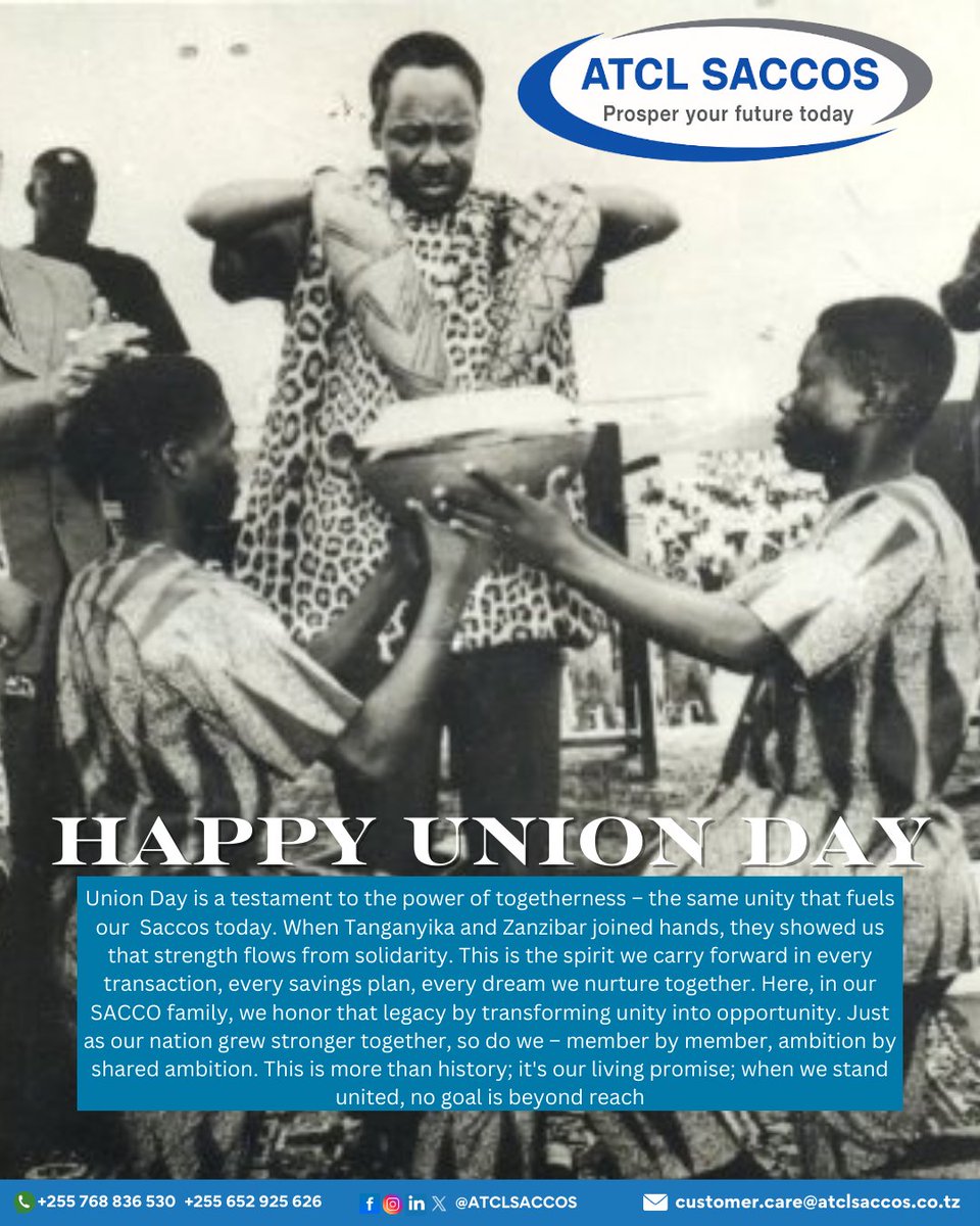 AtclSaccos's tweet image. 🌍 From Unity Comes Prosperity 🌍
Happy Union Day! As we honor Tanzania’s journey, let’s celebrate how our SACCOS unites members to create opportunities. Your trust in us fuels collective growth—here’s to many more milestones ahead!
🇹🇿 #SACCOSPride #UmojaNiNguvu #InvestInUnity