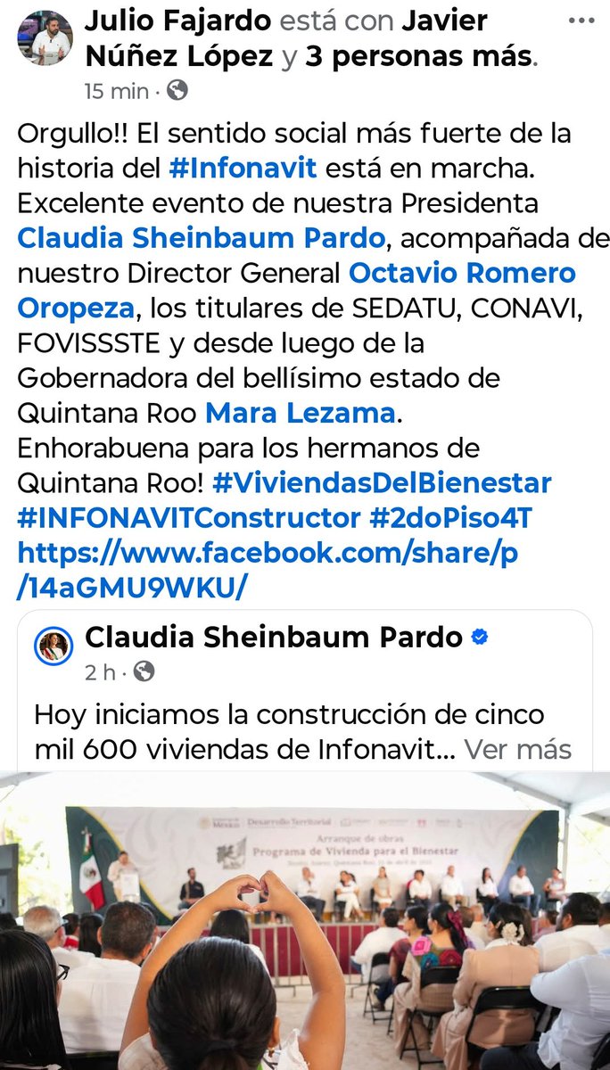 Julio César Fajardo Alvarez (@jc_fajardotab) on Twitter photo #Orgullosamente #INFONAVIT Excelente evento de nuestra Presidenta <a href="/Claudiashein/">Claudia Sheinbaum Pardo</a>, con nuestro DG <a href="/OctavioRomero_O/">Octavio Romero</a>, SEDATU, CONAVI, FOVISSSTE y Gobernadora <a href="/MaraLezama/">Mara Lezama</a>. #QROO ❤️
#ViviendasDelBienestar #INFONAVITConstructor #2doPiso4T
facebook.com/share/p/14aGMU… #Orgullosamente #INFONAVIT Excelente evento de nuestra Presidenta <a href="/Claudiashein/">Claudia Sheinbaum Pardo</a>, con nuestro DG <a href="/OctavioRomero_O/">Octavio Romero</a>, SEDATU, CONAVI, FOVISSSTE y Gobernadora <a href="/MaraLezama/">Mara Lezama</a>. #QROO ❤️
#ViviendasDelBienestar #INFONAVITConstructor #2doPiso4T
facebook.com/share/p/14aGMU…