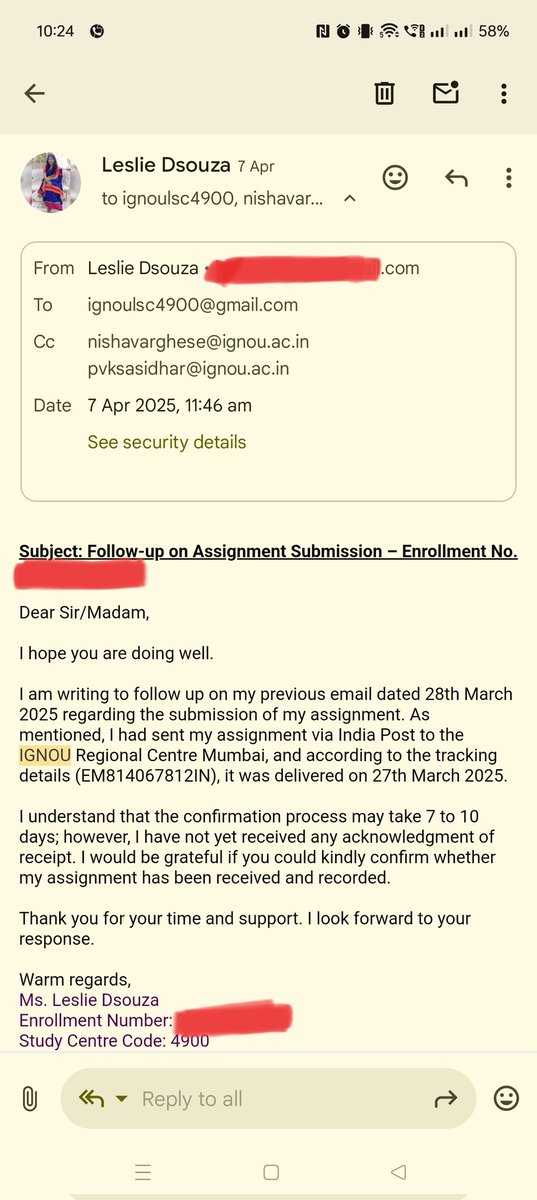 dsouza_cm's tweet photo. Again I mailed them on 7th April for confirmation. Today is the 26th of April I still haven't heard from them.I tried calling them n-number of times,but they just won't answer!What is the use of us then opting for the ODL course,if we don't have their cooperation? @OfficialIGNOU https://t.co/cDhNC9fKe3