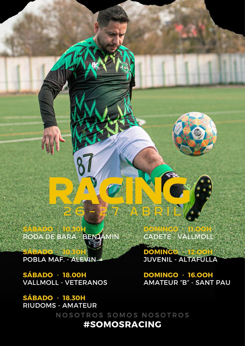 ℙ𝕒𝕣𝕥𝕚𝕕𝕠𝕤 𝕗𝕚𝕟 𝕕𝕖 𝕤𝕖𝕞𝕒𝕟𝕒
𝗦á𝗯𝗮𝗱𝗼
𝟏𝟎:𝟑𝟎 Roda-Benjamin
𝟏𝟎:𝟑𝟎 Pobla-Alevin
𝟏𝟖:𝟎𝟎 Vallmoll-Veteranos
𝟏𝟖:𝟑𝟎 Riudoms-AmateurA
𝗗𝗼𝗺𝗶𝗻𝗴𝗼
𝟏𝟏:𝟎𝟎 Cadete-Vallmoll
𝟏𝟐:𝟎𝟎 Juvenil-Altafulla
𝟏𝟔:𝟎𝟎 AmateurB-Sant Pau

 ⚽️ 💚🖤💚🖤💚⚽️