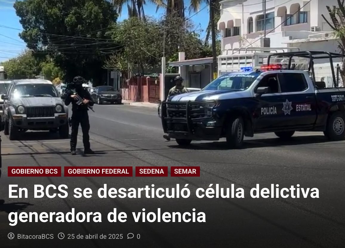Desarticulan en #BCS celula delictiva. Detienen a siete personal que generaron hechos violentos en días recientes. Incauntaron armas, cartuchos, vehículos y detuvieron a siete personas probablemente relacionadas con homicidio de agente ministerial de la <a href="/PGJEBCS/">Procuraduría BCS</a>. <a href="/GobBCS/">Gobierno de BCS</a>