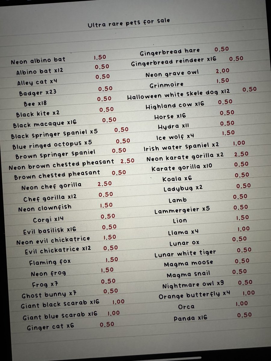 First lot of prices for the ultra rares, still another page or so plus the megas! The prices are per pet if I have multiple, only accepting paypal fnf and NGF. The prices are negotiable x