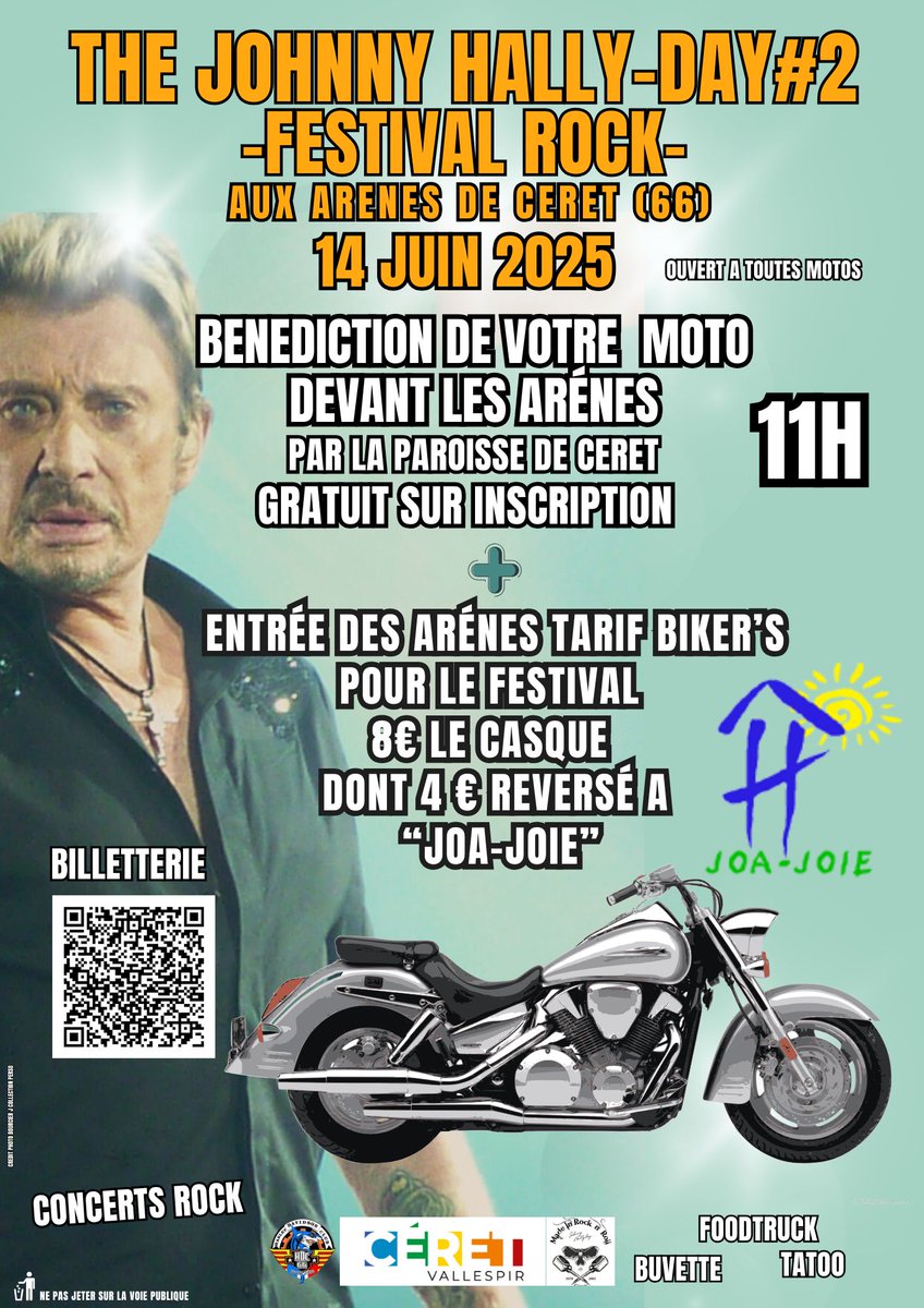 Bikers, prêts pour une journée de rock et de solidarité ?
RDV le 14/06/25 aux Arènes de Céret pour le #JohnnyHallyDay2 !
Bénédiction des motos, concerts, foodtrucks et 4€ reversés à "Joa-Joie" !
Inscris-toi et viens faire rugir ton moteur !
#JohnnyHallyday #Bikers #Solidarité