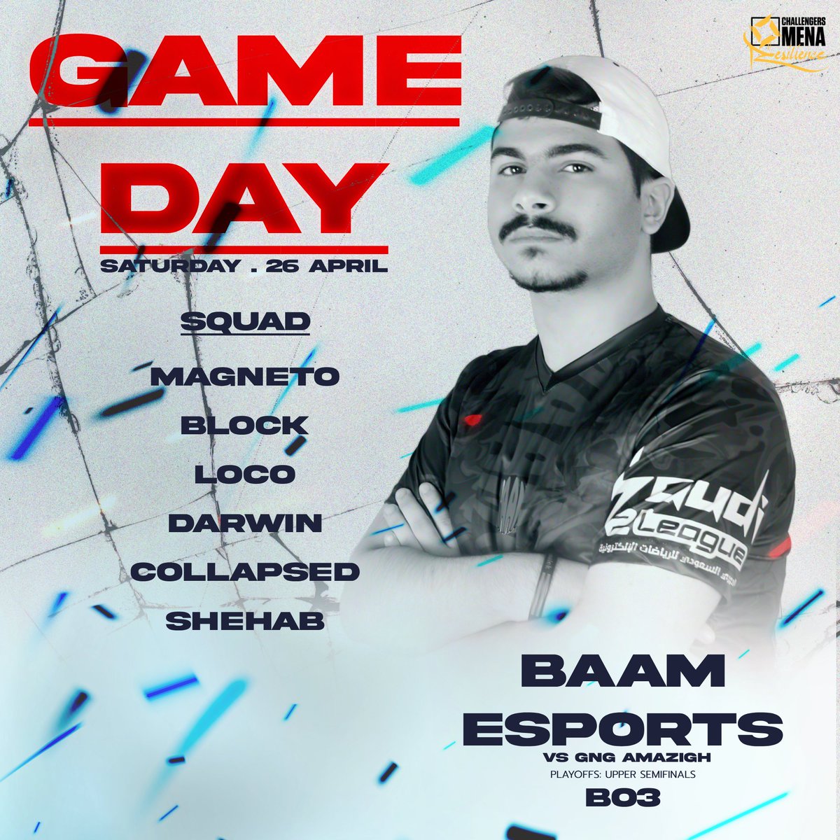 Valorant's Playoffs Day 💥🔫
🆚️ <a href="/SportsGng/">GnG Esports</a> 
🖥 twitch.tv/valorantesport…
⏳️ 9:30 pm ksa
💥💥💥
🔫:
<a href="/MagnetoVLR/">Magneto</a> 
<a href="/BlockVALO/">Block</a> 
<a href="/LocoEUU/">Loco</a> 
<a href="/Darw1nx/">Darwin</a> 
<a href="/CollapsedVLR/">Collapsed</a> 
<a href="/zo3b00l/">shehab🇵🇸</a> 
💼:
<a href="/Youssef_Safwat7/">JoeyXD</a>
💥💥💥
#VCLMENA
#VALORANT 
#ChallengersEMEA
#Resilience