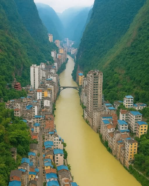 Яньцзинь, Китай — самый худой город на Земле
Плотно зажатый между двумя крутыми горными стенами и обнимающий реку Наньси, Яньцзинь больше похож на ленту, чем на город. В некоторых местах он едва достигает 30 метров в ширину — но он тянется в длину, как нить, вшитая в долину.
Дома