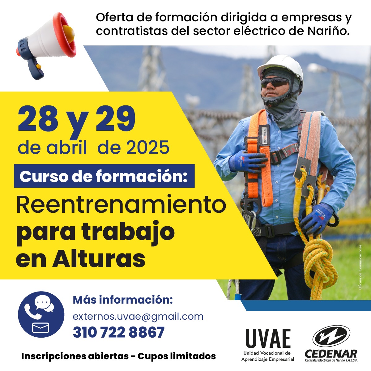 Cedenaroficial's tweet photo. 📣 La Unidad Vocacional de Aprendizaje Empresarial UVAE CEDENAR S.A. E.S.P tiene disponibles su programa de formación en alturas entre los días 28 y 29 de #abril de 2025:

- Reentrenamiento en trabajo en alturas 🪜👨🏻‍🏫

⚡Si estás interesado ¡contáctanos! ⚡👷🏻‍♀👷🏻🪜⚡ 

#UVAE #SST https://t.co/MUd9PjdWX7