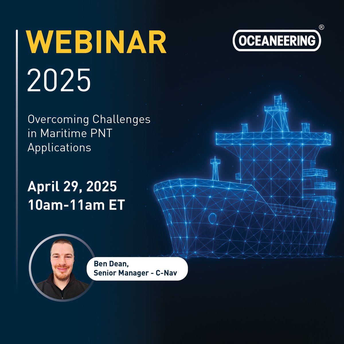 Oceaneering's tweet image. Join us April 29 @ 10am ET for a live webinar with Calian GNSS: Overcoming Challenges in Maritime PNT Applications, featuring Ben Dean, Sr. Manager – C-Nav Positioning Solutions at Oceaneering 🚢

Learn more:🔗 calian.com/advanced-techn…

#MaritimeTech #Webinar #PNT #Oceaneering