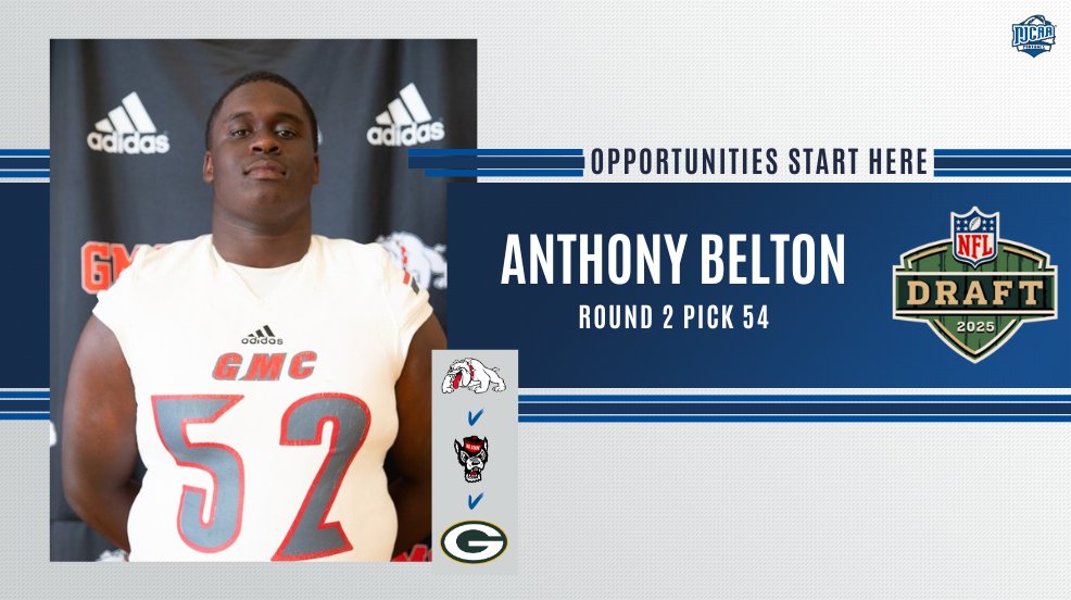 NJCAA Football (@njcaafootball) on Twitter photo 👏 𝑫𝒓𝒂𝒇𝒕𝒆𝒅
Congrats to former <a href="/GMCBulldogs/">Georgia Military College Athletics</a> Anthony Belton on being selected in the second round of the 2025 #NFLDraft by the Green Bay Packers!
#NJCAAFootball | #SameGameSameRules 👏 𝑫𝒓𝒂𝒇𝒕𝒆𝒅
Congrats to former <a href="/GMCBulldogs/">Georgia Military College Athletics</a> Anthony Belton on being selected in the second round of the 2025 #NFLDraft by the Green Bay Packers!
#NJCAAFootball | #SameGameSameRules