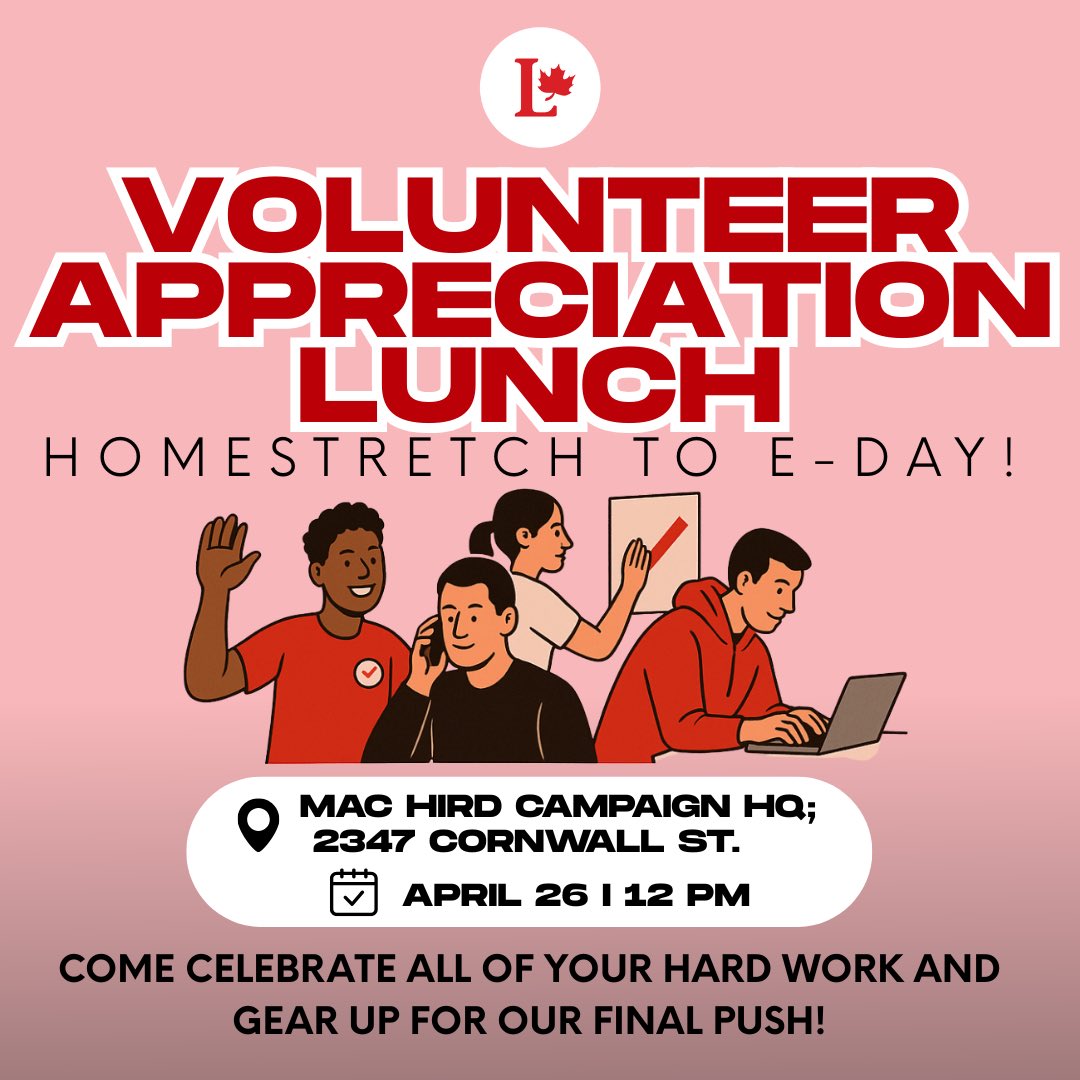 Our last Volunteer Appreciation Lunch before E-Day!

Join us tomorrow, April 26 at 12PM at the campaign office. Food provided!

Come grab some lunch, recharge, and gear up for the final push. We’re so grateful for everything this team has done — let’s finish strong together!