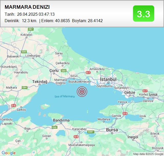 MARMARA DENIZI
Büyüklük: 3.3
Tarih:
 26.04.2025
Saat:
 03:47:13
Derinlik:
 12.3 km #deprem