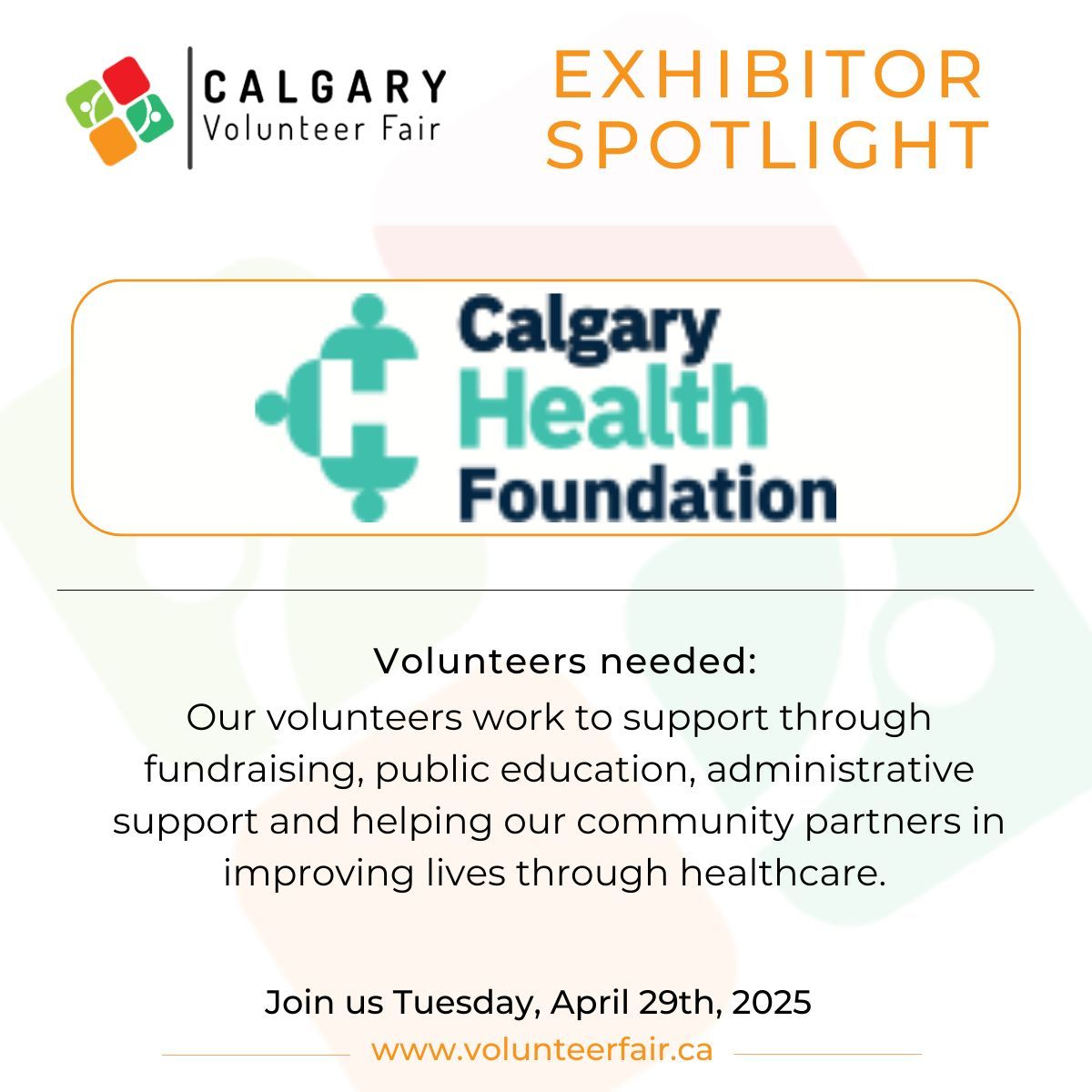 Join us in welcoming Calgary Health Foundation! 🙌

Don’t miss the chance to learn more about their impactful work and explore how YOU can be a part of something bigger on April 29th. See you at the fair! 👏

#VolunteerFair2025 #VolunteersMakeWaves #CalgaryEvents #YYC
