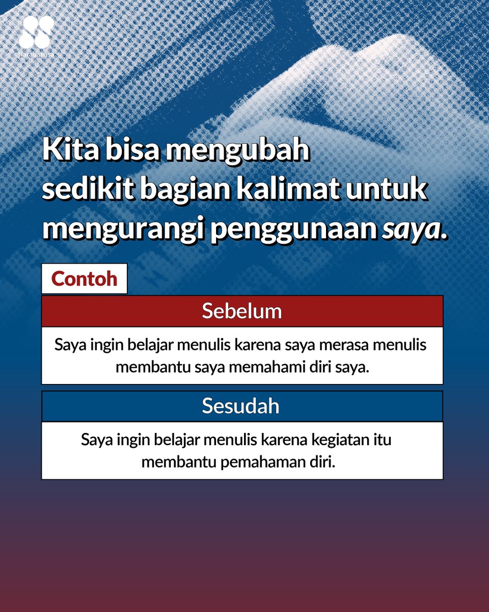 narabahasa's tweet photo. Jangan sampai terlalu banyak “saya” dan kurang “sayang”. ����
#kalimat #narabahasa https://t.co/PVD1QVp6a8