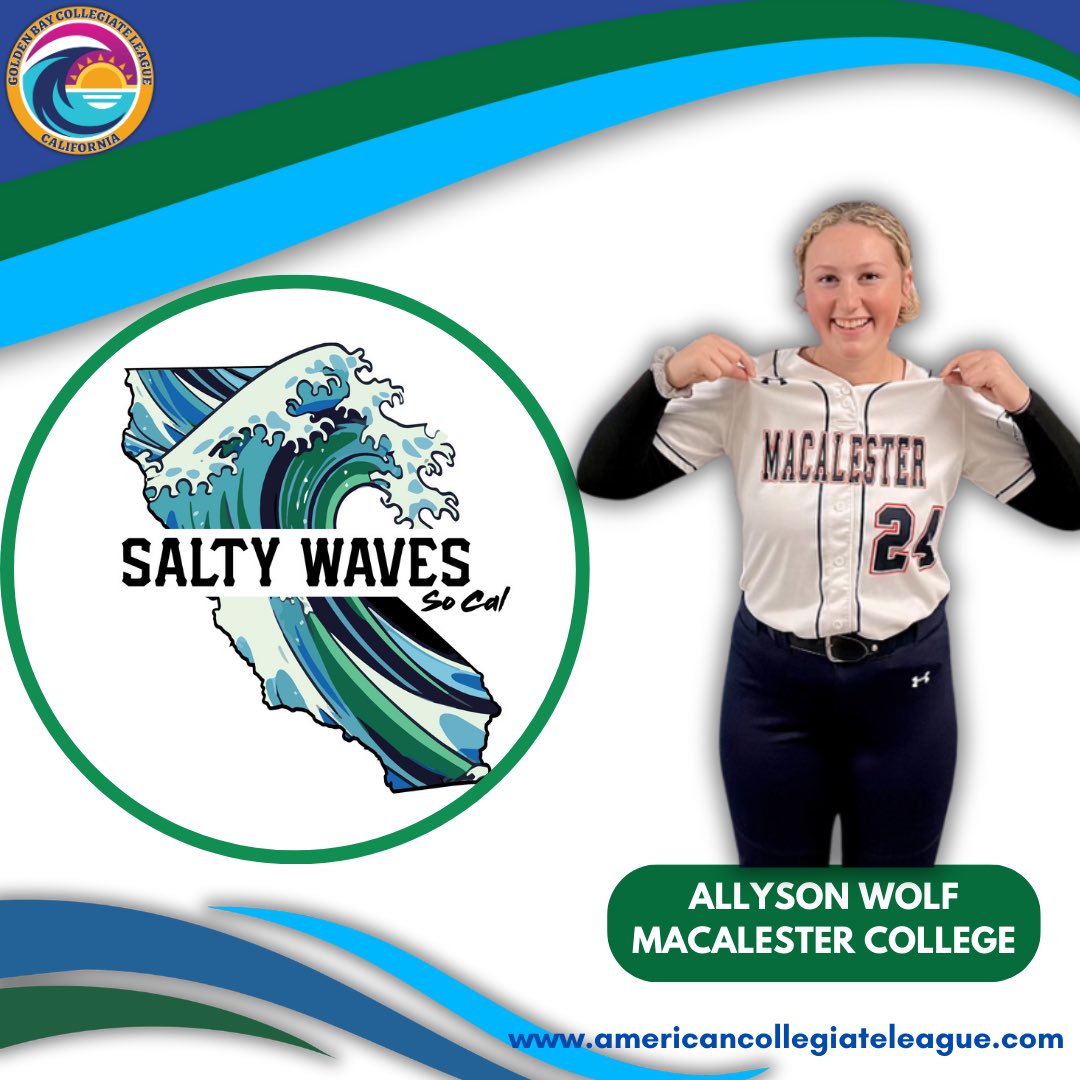 BayCollegiate's tweet photo. Welcome to the 2025 SoCal Salty Waves @allysonwolf2024 from @MacalesterSB coming to the GBCL battle at the beach 🏖️ this summer for the SALTY🧂WAVES🌊‼️
#StaySalty 

🗓️6/12-6/13
📍Huntington Bch, CA
Players Register:⬇️
https://t.co/SRj6DiM6jp

#fastpitchunited #playball https://t.co/JkmSFsaJnl