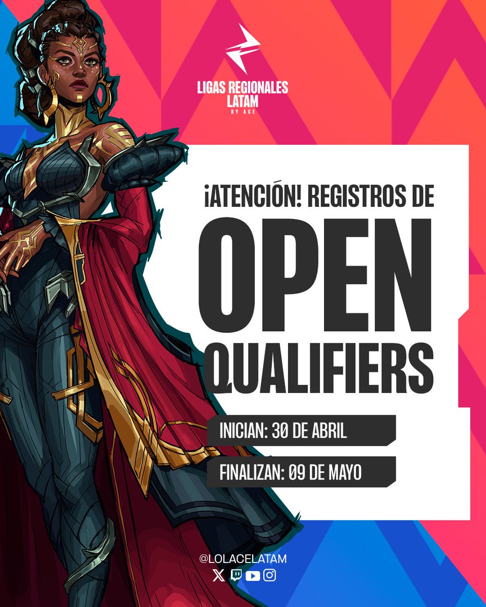 🚨¡NO TE QUEDES FUERA LAS FECHAS HAN SIDO ACTUALIZADAS! 🚨

 💥¡Los registros para los Open Qualifiers están por comenzar!

¡Marca estas fechas en tu calendario! ✅

🗓️ ¡El registro INICIA el 30 de abril!
🗓️ ¡El CIERRE es el 09 de mayo!

¡Tu oportunidad de competir en la cima!