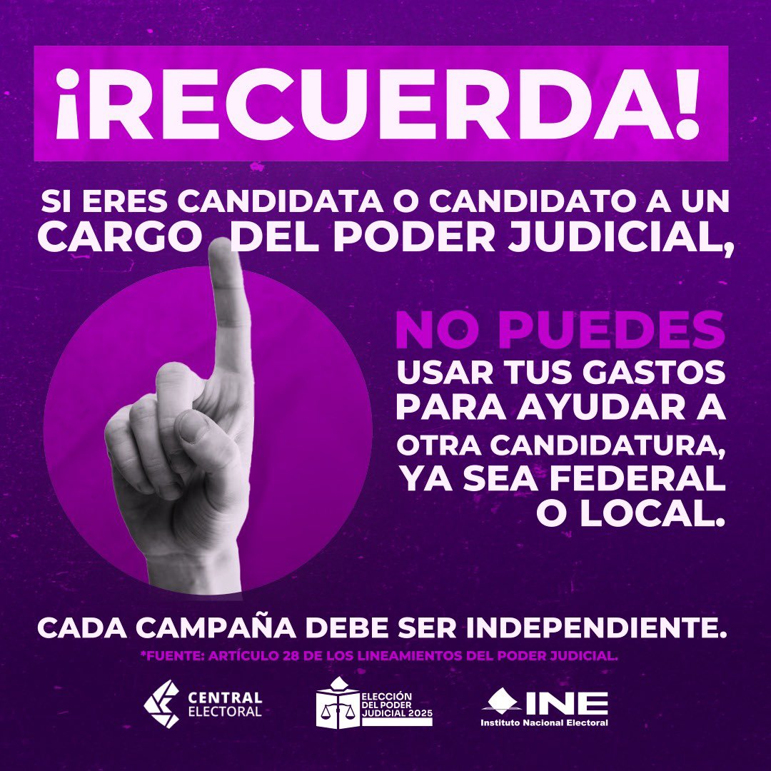 INEMexico's tweet photo. Cada candidatura del Poder Judicial debe ser autónoma e independiente.

No está permitido compartir recursos con campañas locales o federales.

#ElecciónJudicial https://t.co/ZpyUhfF6Oe