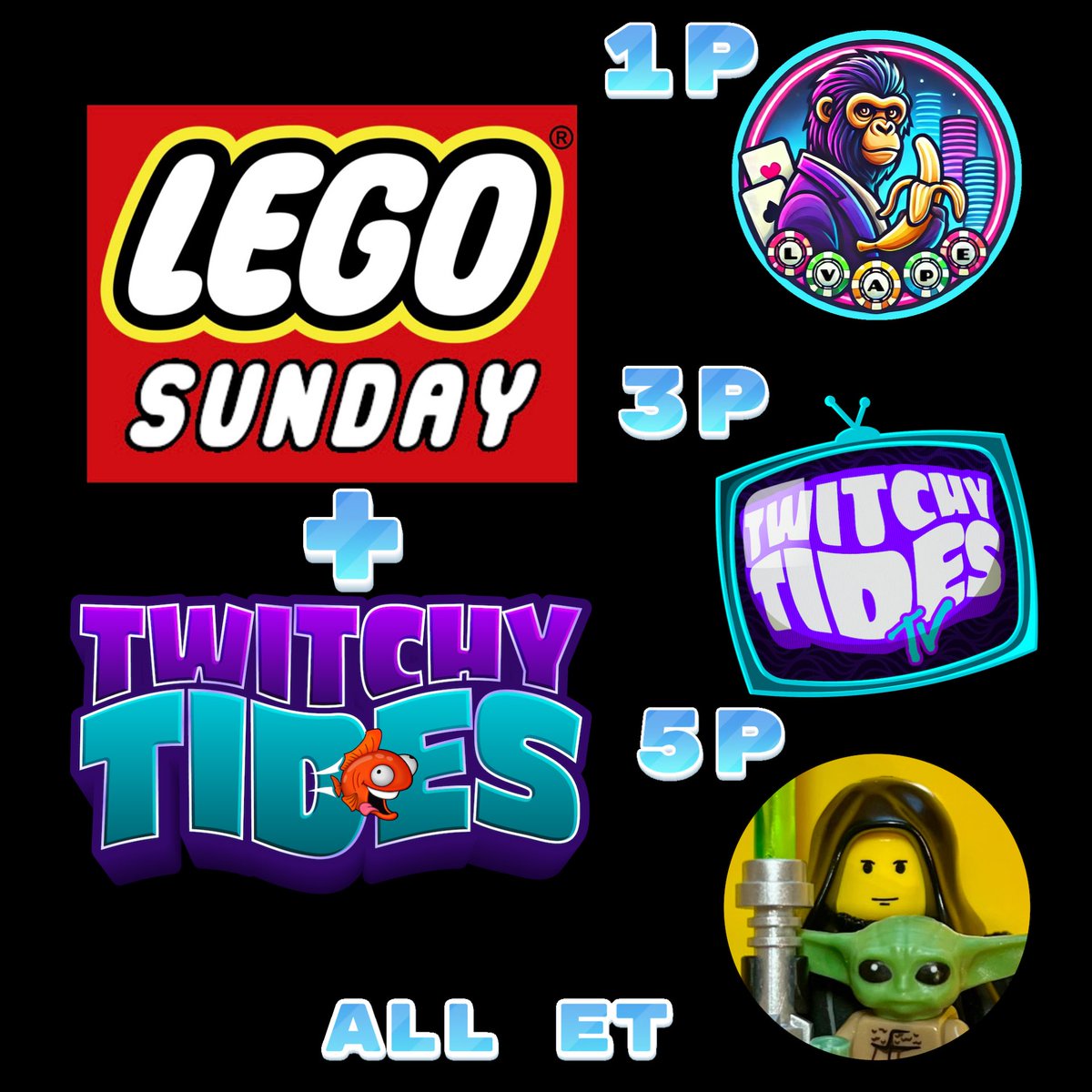 LEGO Sunday 🧱 + Twitchy Tides 🐟
Raid Train 🚂  Sun Apr 27

1p <a href="/lasvegasape/"></a>
3p <a href="/TwitchyTides/">Twitchy Tides</a>
5p <a href="/Bent_SWPopLover/">Jedi Bentley 💡🗡</a>
All times in ET
🔗s ⬇️

Ride the Chill Waves 🌊
with out LEGO Builders &amp; jump into the tank for some #TwitchyTides games!
