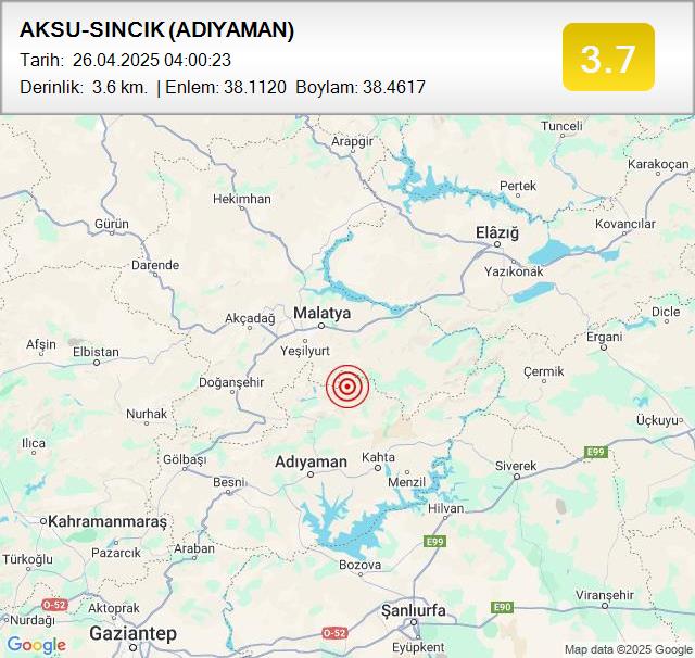 AKSU-SINCIK (ADIYAMAN)
Büyüklük: 3.7
Tarih:
 26.04.2025
Saat:
 04:00:23
Derinlik:
 3.6 km #deprem #ADIYAMAN