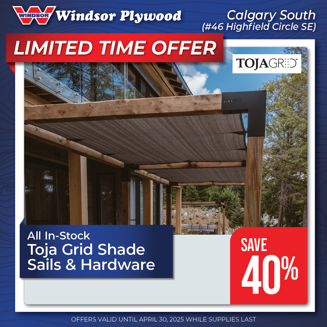 WindsorTotara's tweet image. Incredible Savings only at Windsor Plywood Calgary South. 40% off all in stock Toja Grid Sails &amp;amp; Hardware.

Pricing and product availability at our location only.
#46 Highfield Circle SE
Calgary, Alberta
403.259.3210
#TheExpertsYouNeedToKnow #Treatedlumber #Decks #Fences...