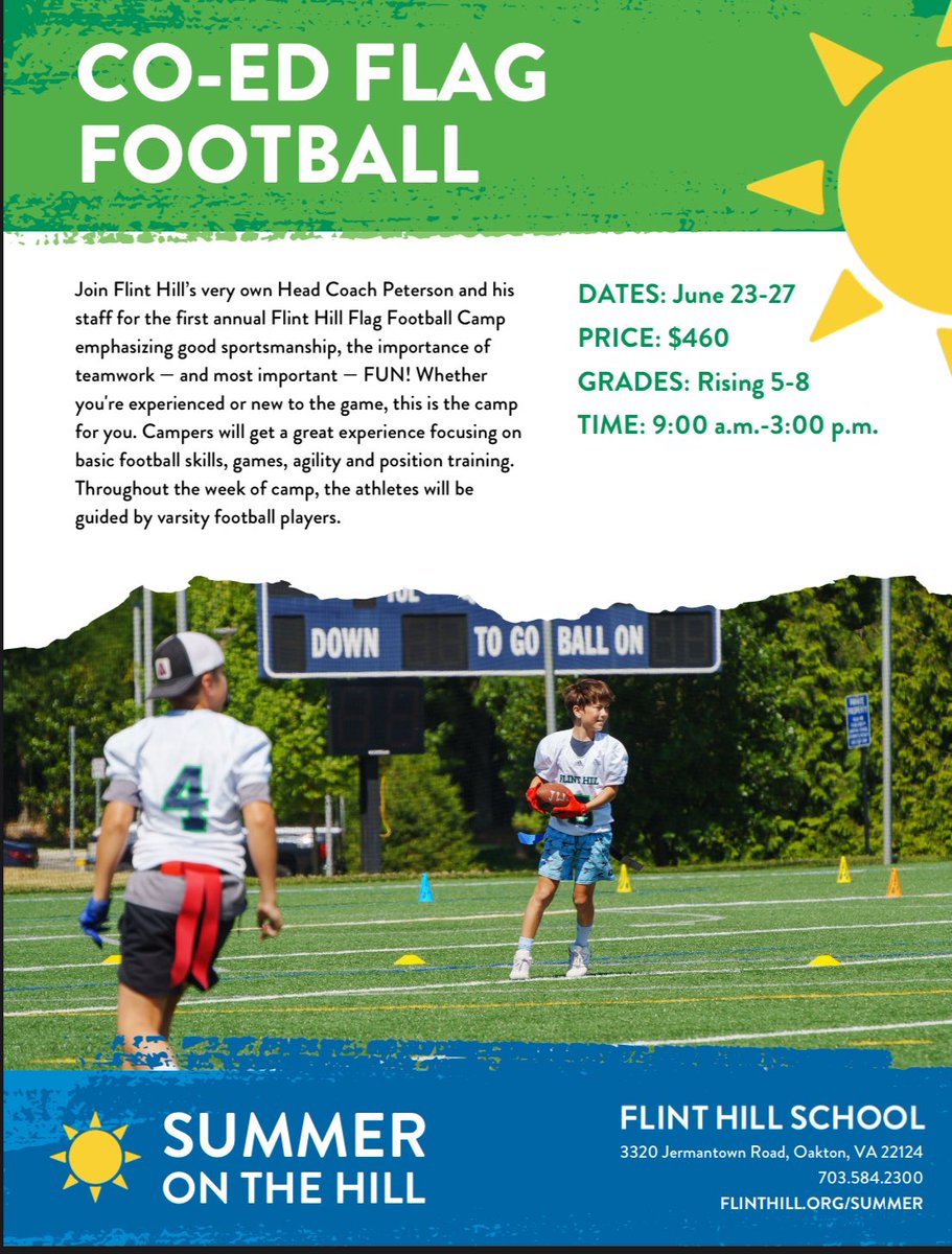 🚨🚨🚨🚨🚨🚨🚨🚨🚨Calling All CO-ED Flag players!! 
🗓️June 23-27th
⏰9AM-3PM
📍Flint Hill School 
#SparkTheFlintFlag