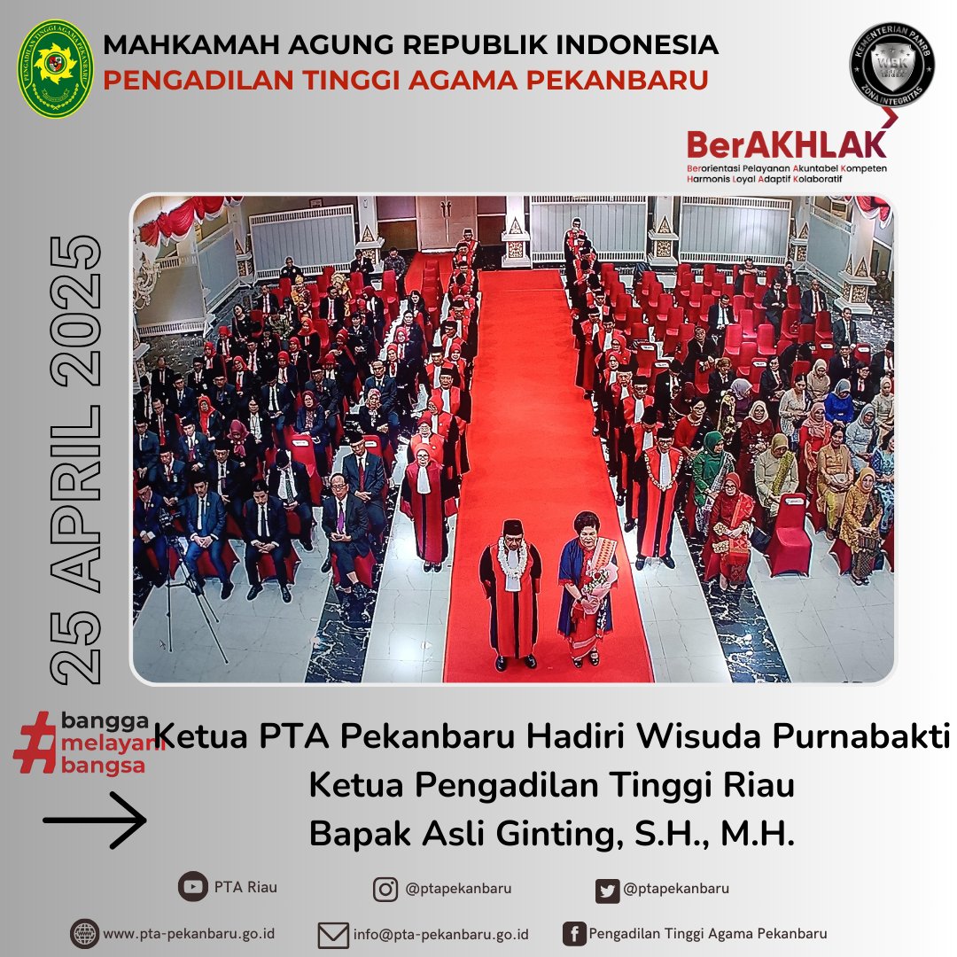 Pekanbaru, 25 April 2025

Ketua PTA Pekanbaru beserta Panitera dan Sekretaris menghadiri Wisuda Purnabakti Ketua Pengadilan Tinggi Riau, Asli Ginting, S.H., M.H.