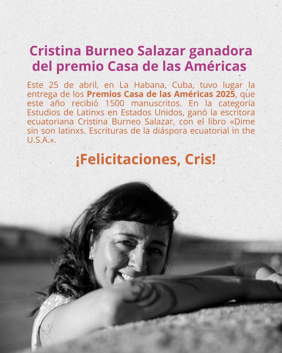 📣Estamos muy contentas de compartirles esta noticia. Un merecido reconocimiento al trabajo de nuestra amiga y compañera Cristina. ¡Felicitaciones, Cris! 🥳

<a href="/cristinaburneos/">cristina burneo salazar 🫀</a>  
#PremioCasaDeLasAméricas