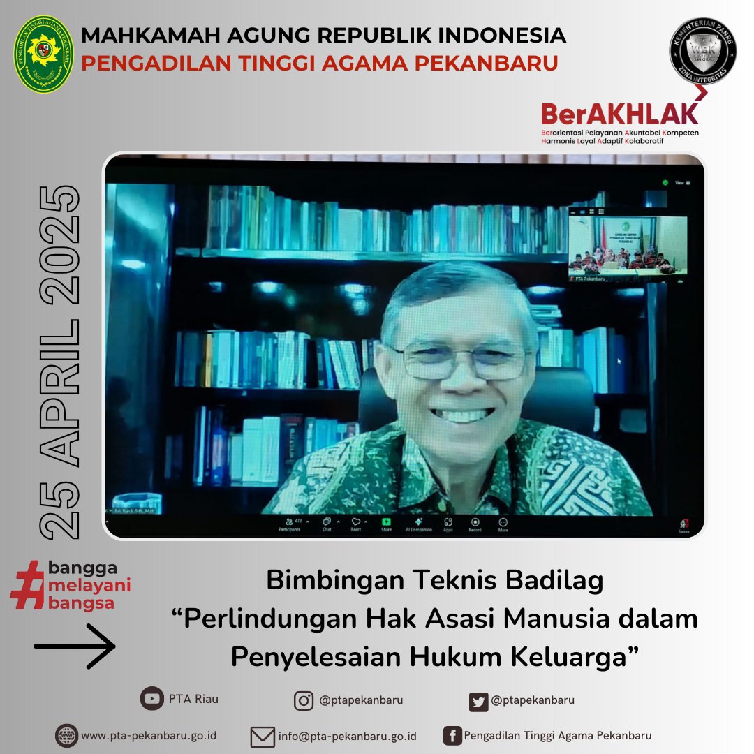Pekanbaru, 25 April 2025
Seluruh tenaga teknis PTA Pekanbaru ikuti Bimtek Peningkatan Kompetensi Tenaga Teknis di lingK Peradilan Agama dg tema “Perlindungan HAM dalam Penyelesaian Hukum Keluarga”. Narasumber bimtek ini adalah Hakim Agung Kamar Agama Dr. H. Edi Riadi, S.H., M.H.