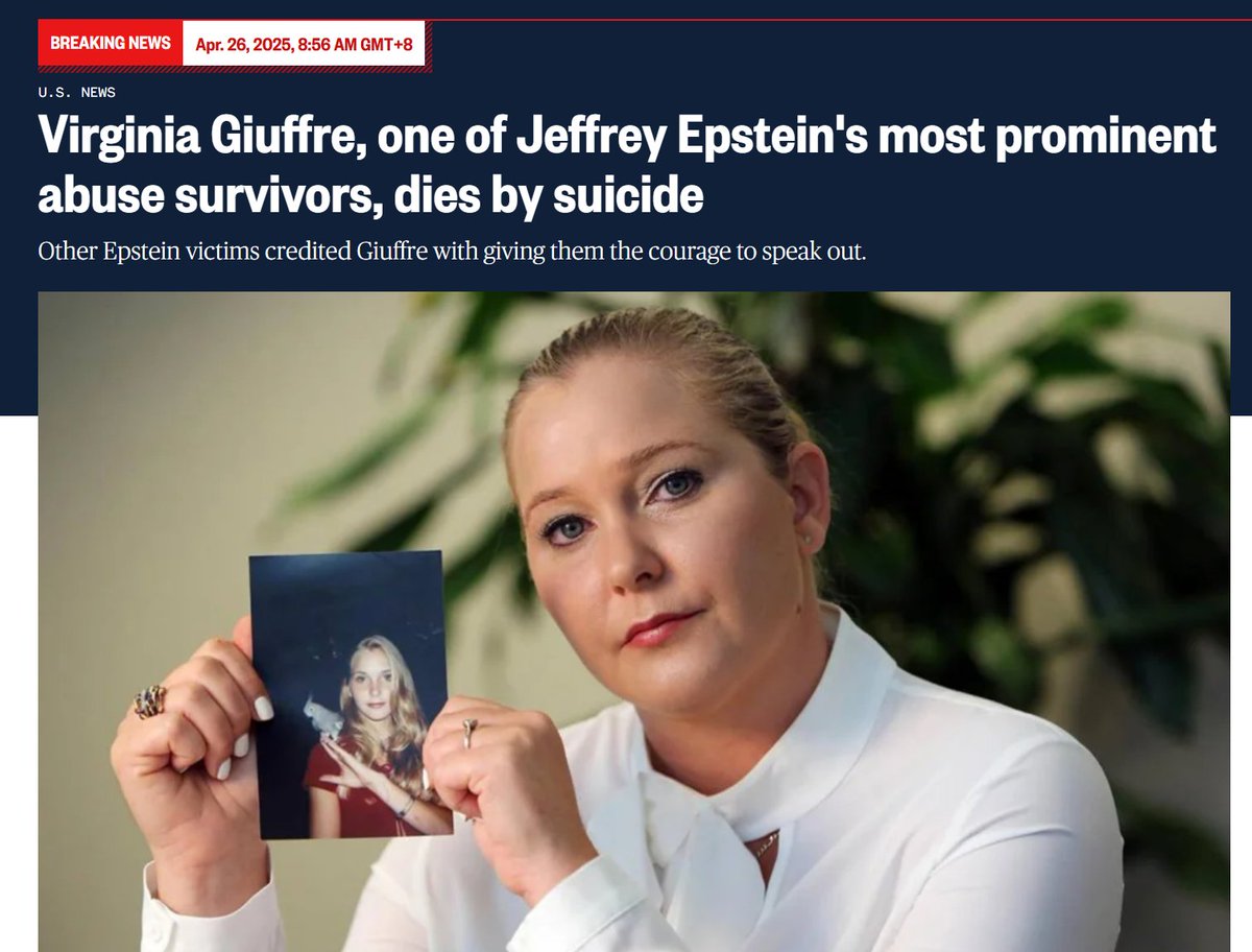The most outspoken Epstein victim died of "suicide".

Epstein was believed to be a Mossad and CIA asset, he used underaged girls to entice and entrap prominent figures in the Western world of politics, finance and academia.