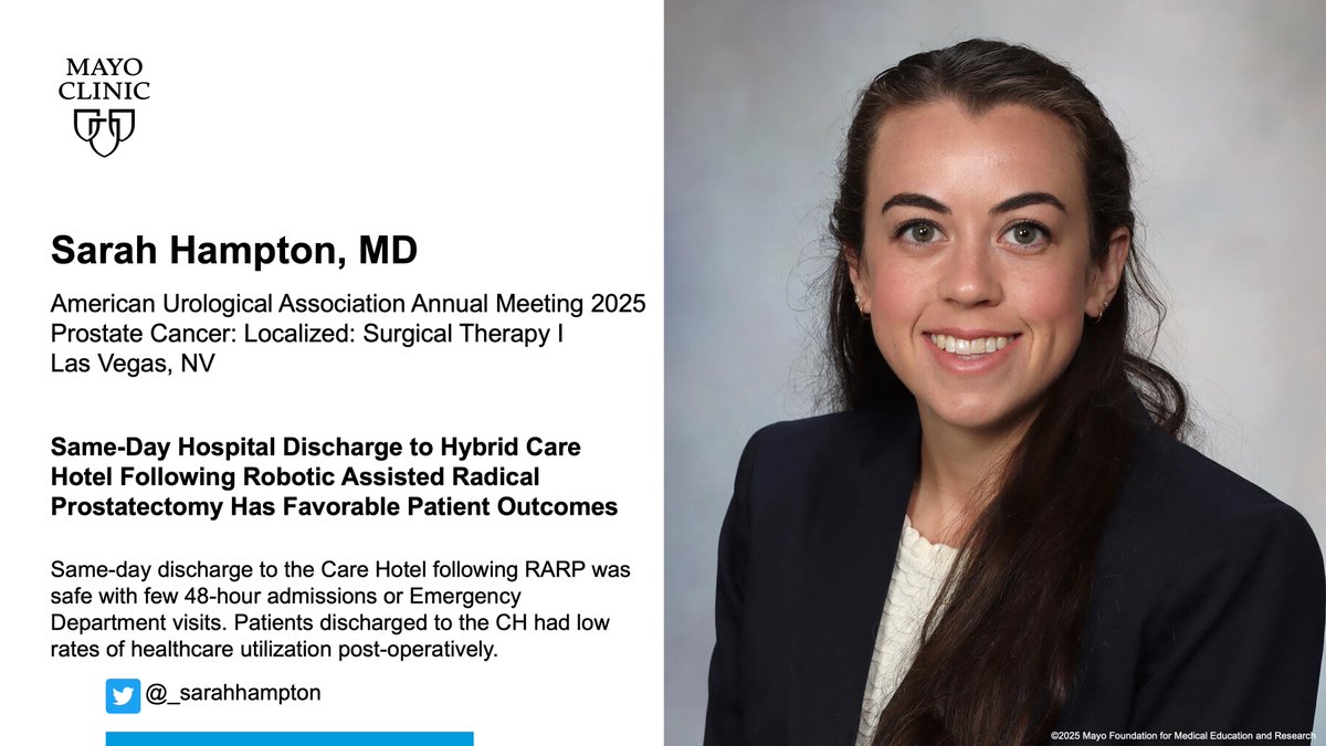 Mayo Clinic FL Urology Residency (@mayofl_urolres) on Twitter photo Dr. <a href="/_sarahhampton/">Sarah Hampton</a> will be presenting on "Same-Day Hospital Discharge to Hybrid Care Hotel Following Robotic Assisted Radical Prostatectomy has Favorable Patient Outcomes" on Sat, April 26 at 1-3PM in Casanova 503, kicking off our resident presentations at #AUA25! <a href="/AmerUrological/">Amer. Urol. Assn.</a> Dr. <a href="/_sarahhampton/">Sarah Hampton</a> will be presenting on "Same-Day Hospital Discharge to Hybrid Care Hotel Following Robotic Assisted Radical Prostatectomy has Favorable Patient Outcomes" on Sat, April 26 at 1-3PM in Casanova 503, kicking off our resident presentations at #AUA25! <a href="/AmerUrological/">Amer. Urol. Assn.</a>
