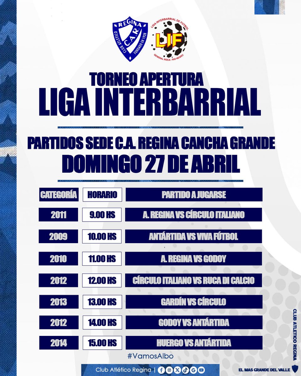 Atletico_Regina's tweet photo. #FútbolFormativo | LA LIGA INTERBARRIAL SE JUEGA EN CASA

Este domingo se juega una nueva fecha de la Liga Interbarrial de fútbol formativo en las canchas del Club Atlético Regina con partidos a disputarse en la cancha sintética auxiliar y la sintética de fútbol 5

#VamosAlbo⚪🔵 https://t.co/fKTQlamXYV