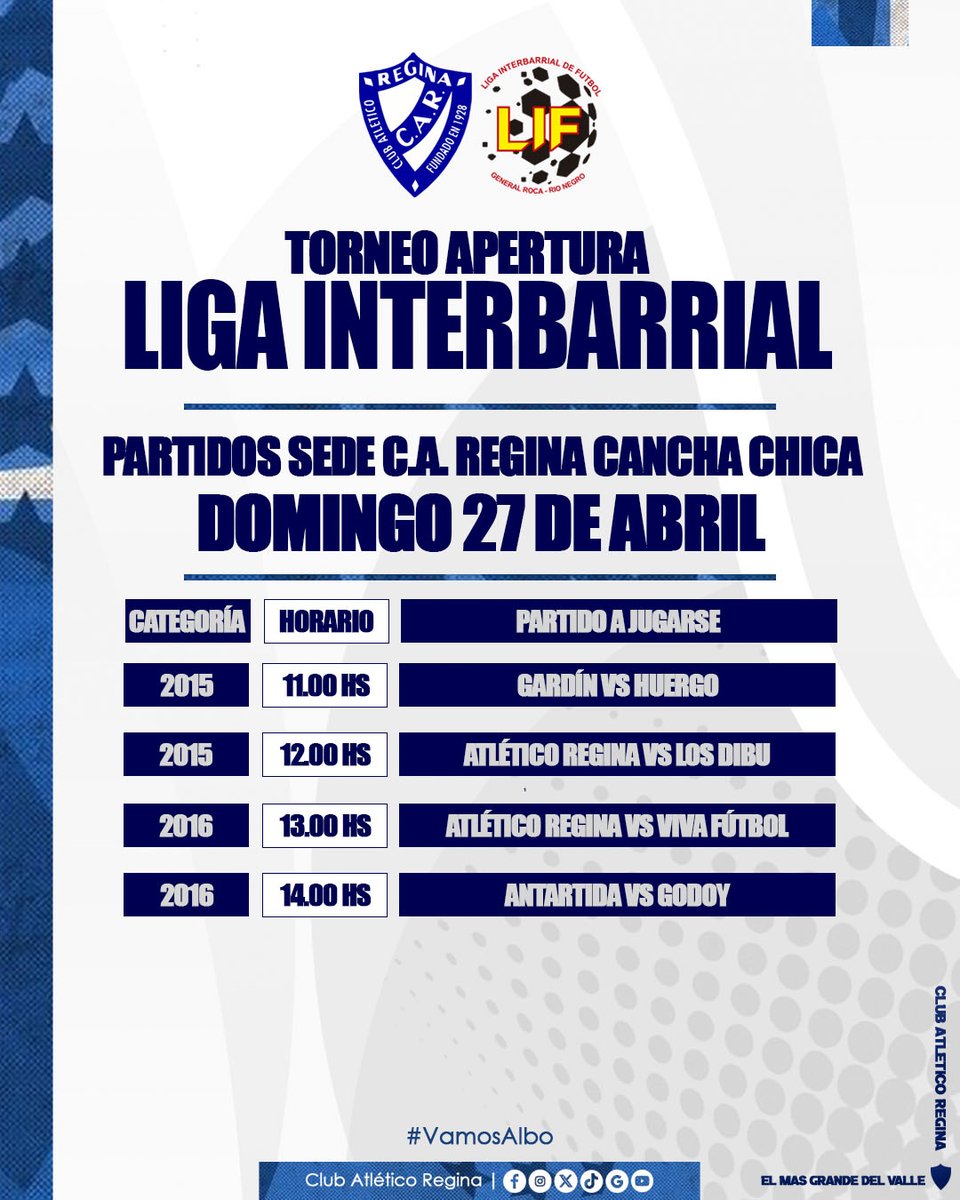 #FútbolFormativo | LA LIGA INTERBARRIAL SE JUEGA EN CASA

Este domingo se juega una nueva fecha de la Liga Interbarrial de fútbol formativo en las canchas del Club Atlético Regina con partidos a disputarse en la cancha sintética auxiliar y la sintética de fútbol 5

#VamosAlbo⚪🔵