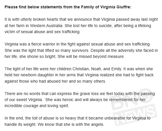 BNODesk's tweet photo. Statement from the family of Jeffrey Epstein accuser Virginia Giuffre, saying she died by suicide last night https://t.co/OcD8vyDYgZ
