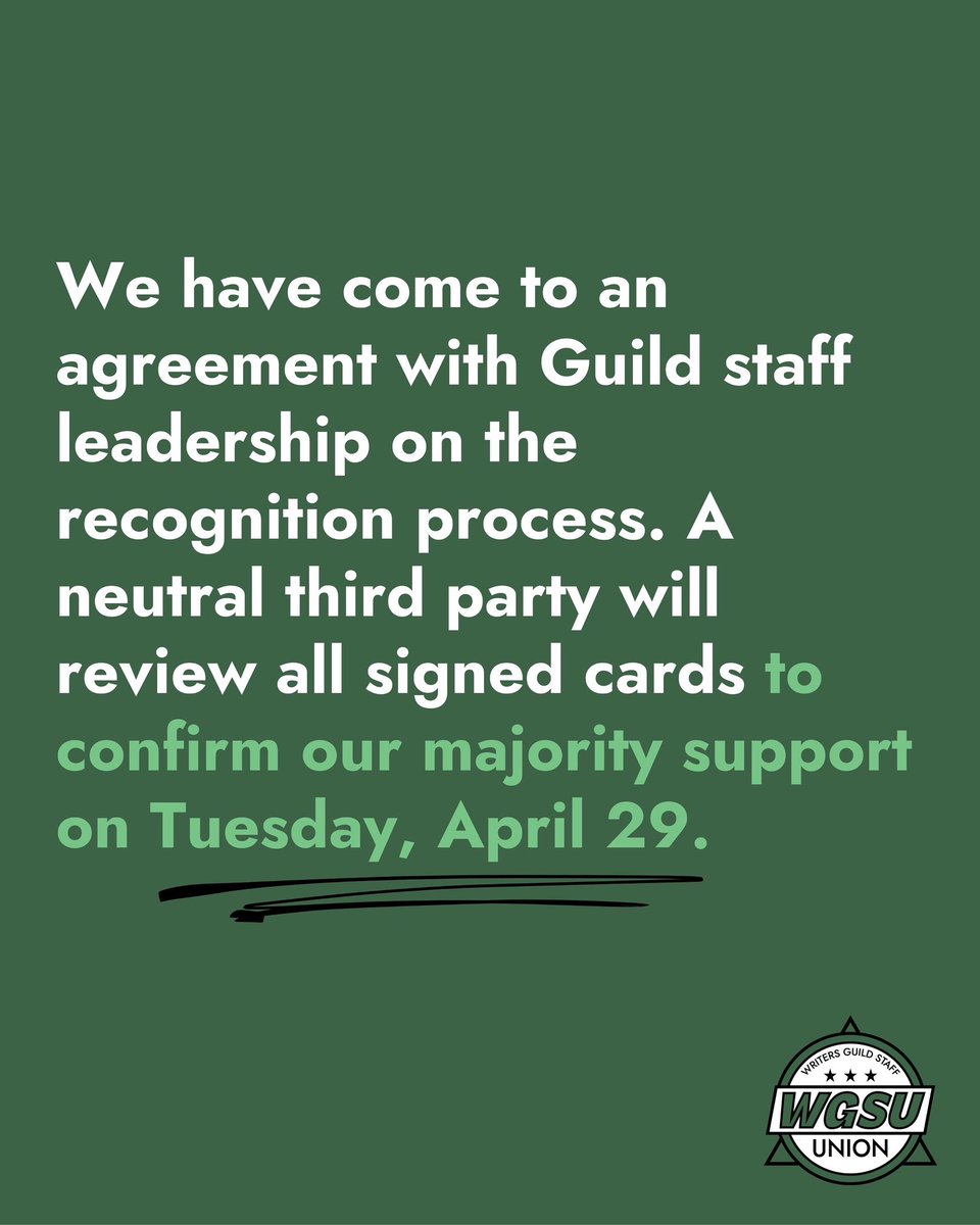 wgsunion's tweet photo. We have come to an agreement with Guild staff leadership on the recognition process! Thank you for your support. We are looking forward to the next step. #ItsTime https://t.co/t6Q6BvBCNk